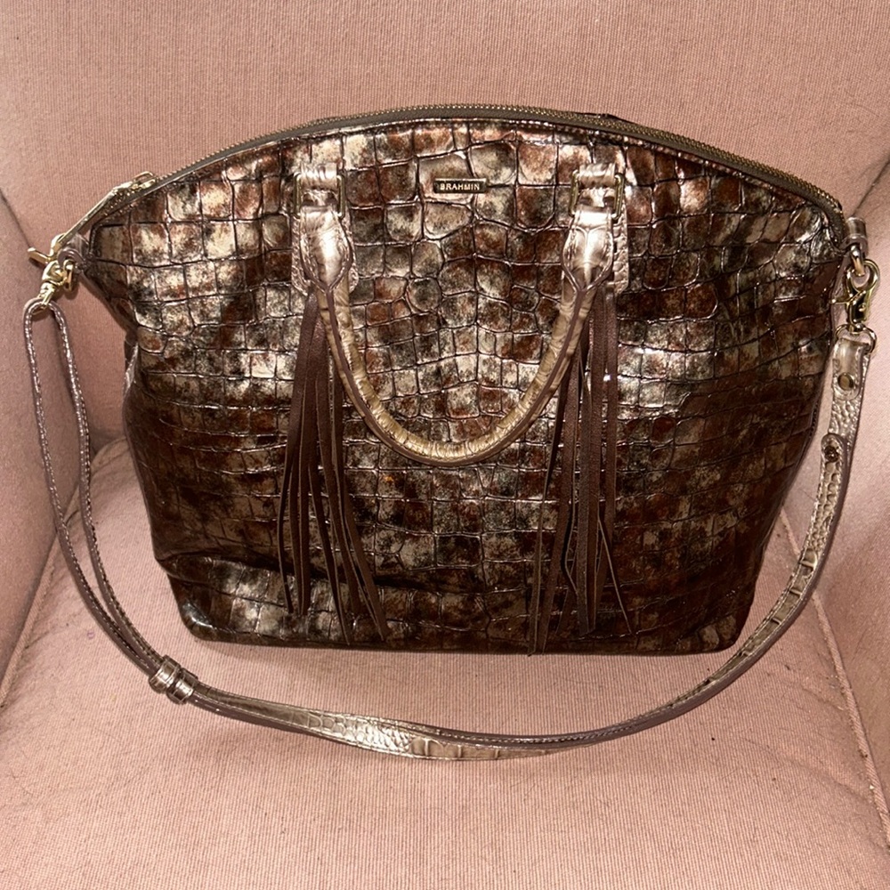 BRAHMIN Rare - Unique Shiny Brown/Silver/Suede fringe/Gold hardware - light wear